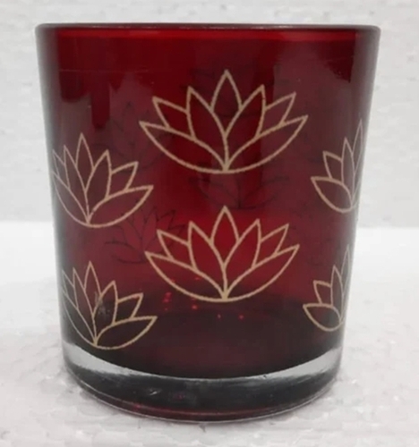 Floral Printed Red Glass Candle Holder