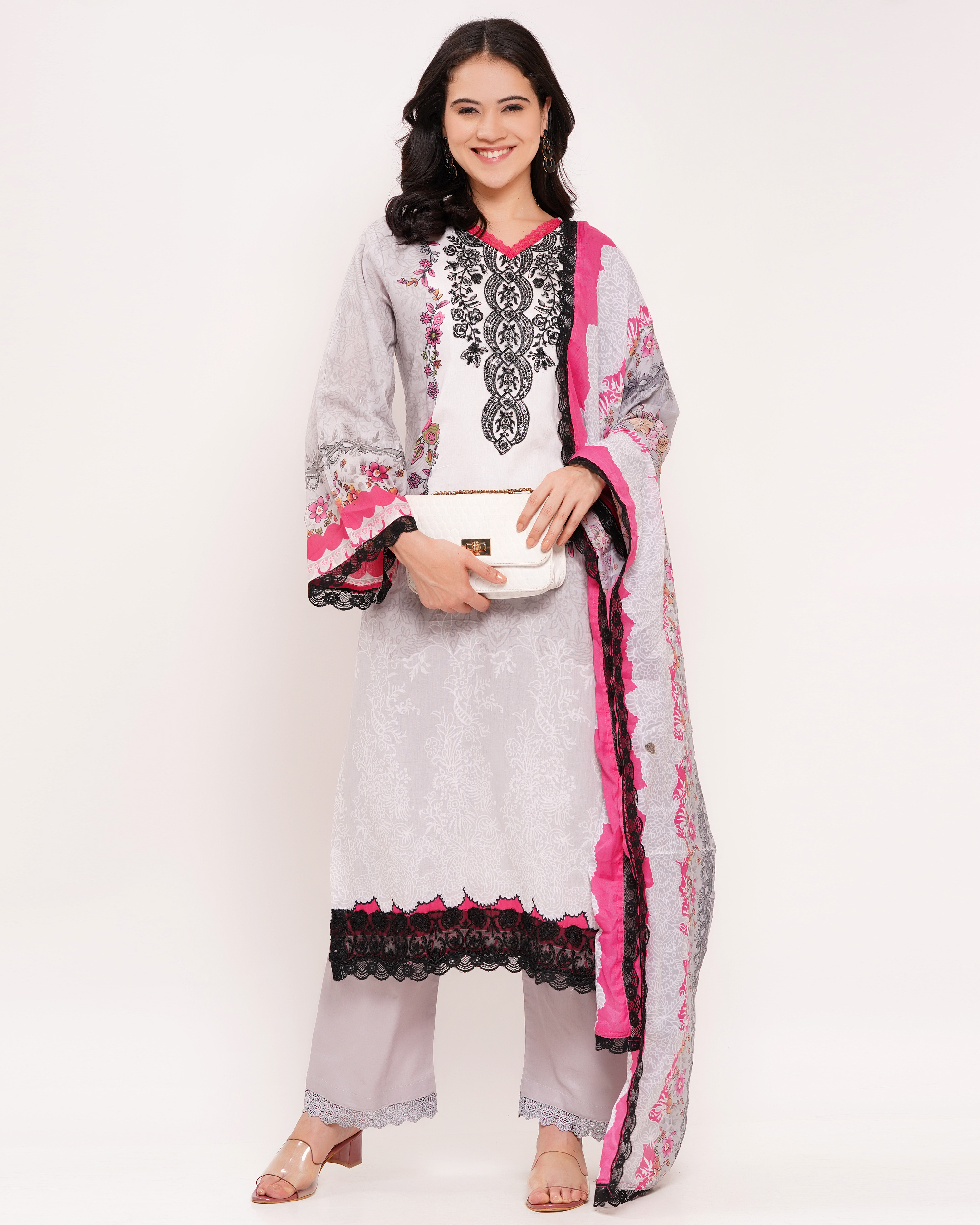 Grey and Pink Embroidered Lawn Cotton Suit Set