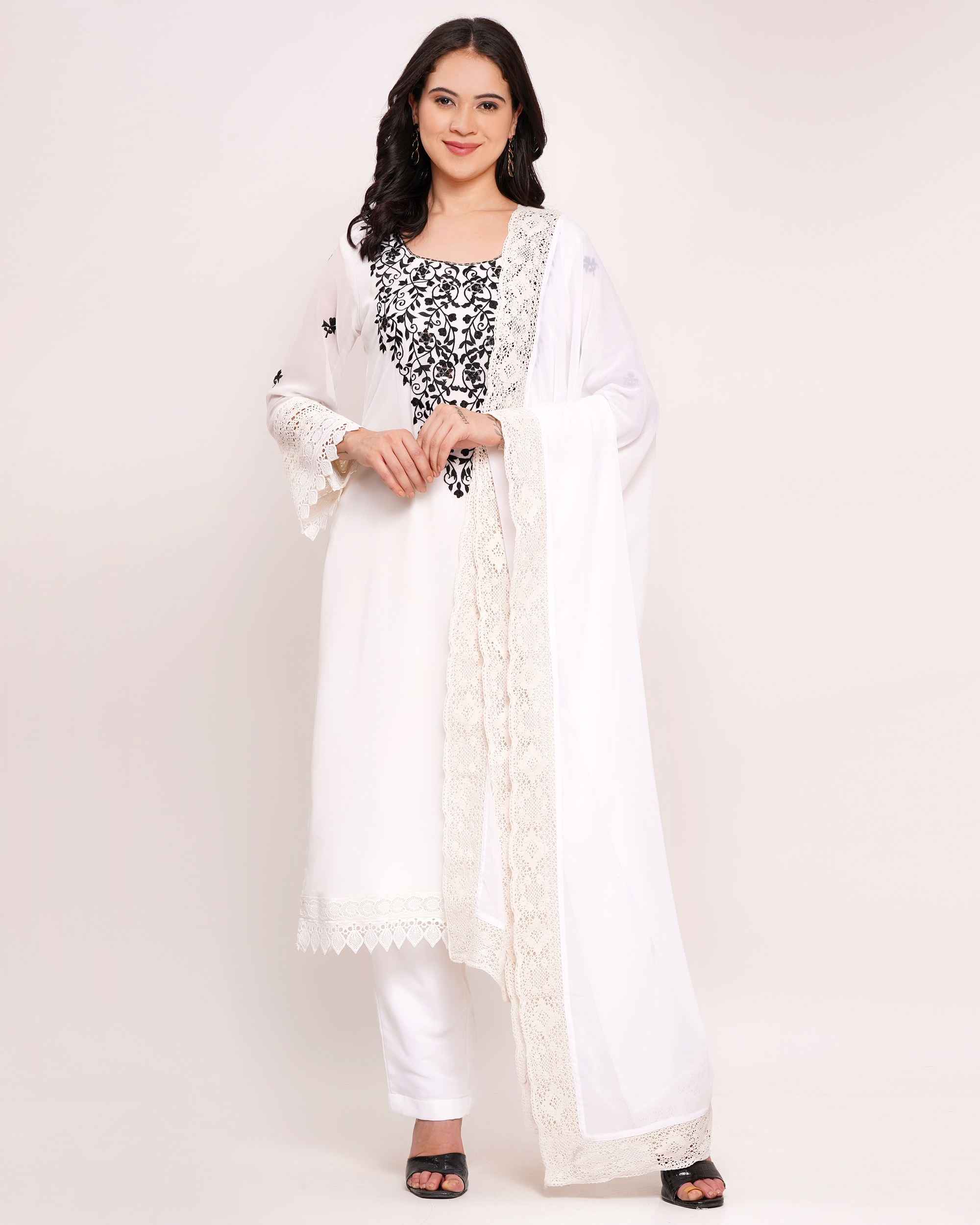 White Georgette Embroidered Suit Set with Lace Dupatta