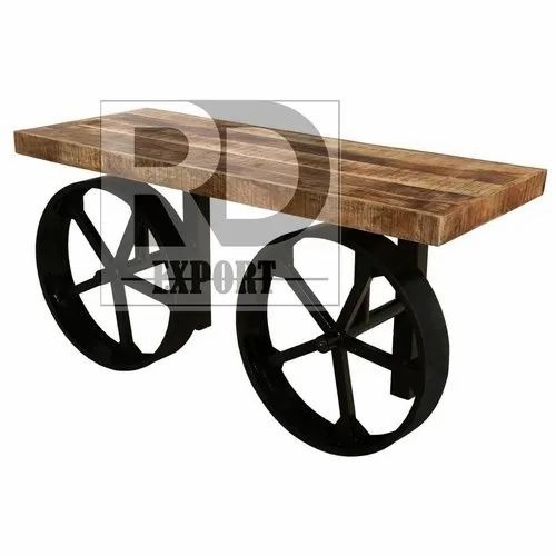 Dining Table With Wooden Top With Wheel Style Base For Hotels And Cafes