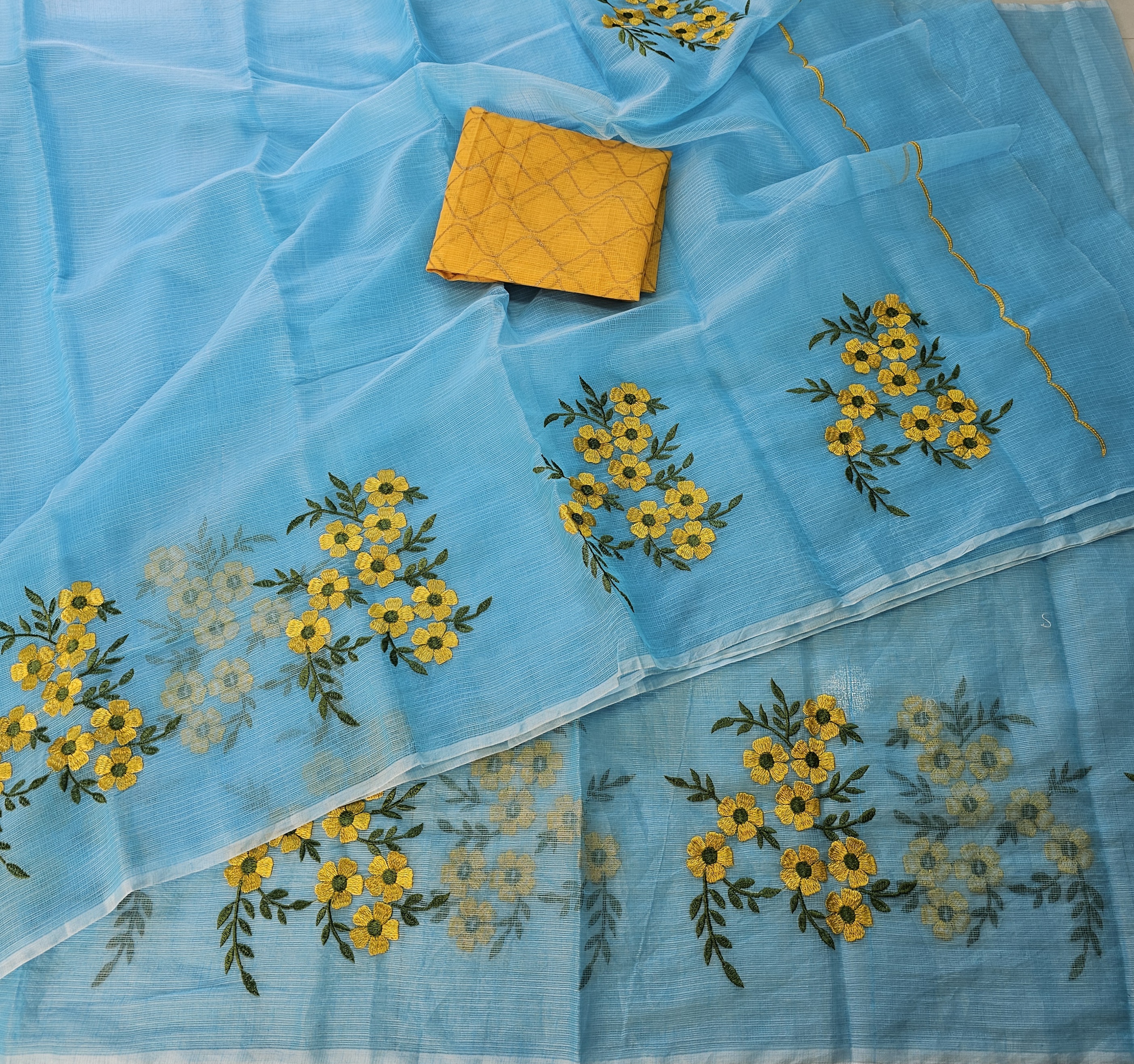 Kota Doria Flower Design Embroidery Saree