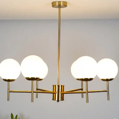 6-lights Brass Finish With Opal Glass Shades Chandelier Light