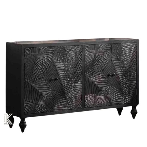Black Carved Palm Wood Sideboard