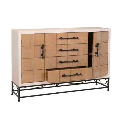 Block Metal Legs Pine Wood Sideboard