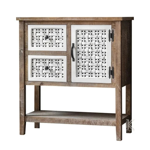 Distress Jali Panels Drawers Rough Wooden Cabinet