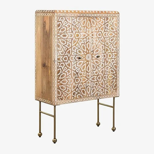 Floral Distress White Engraved Solid Wood High Cabinet