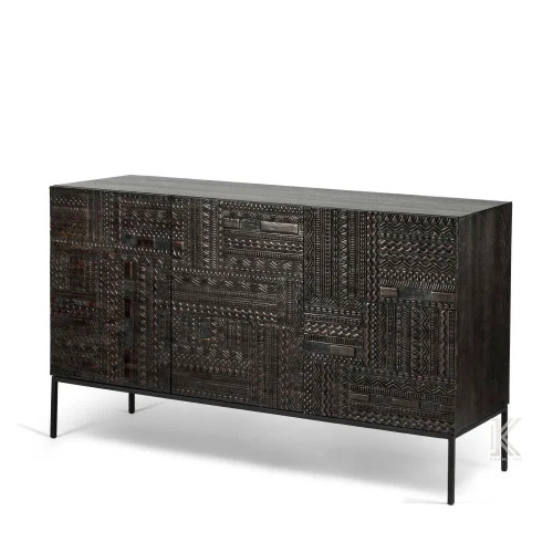 Tribal Engraved Design Black Solid Wood Sideboard