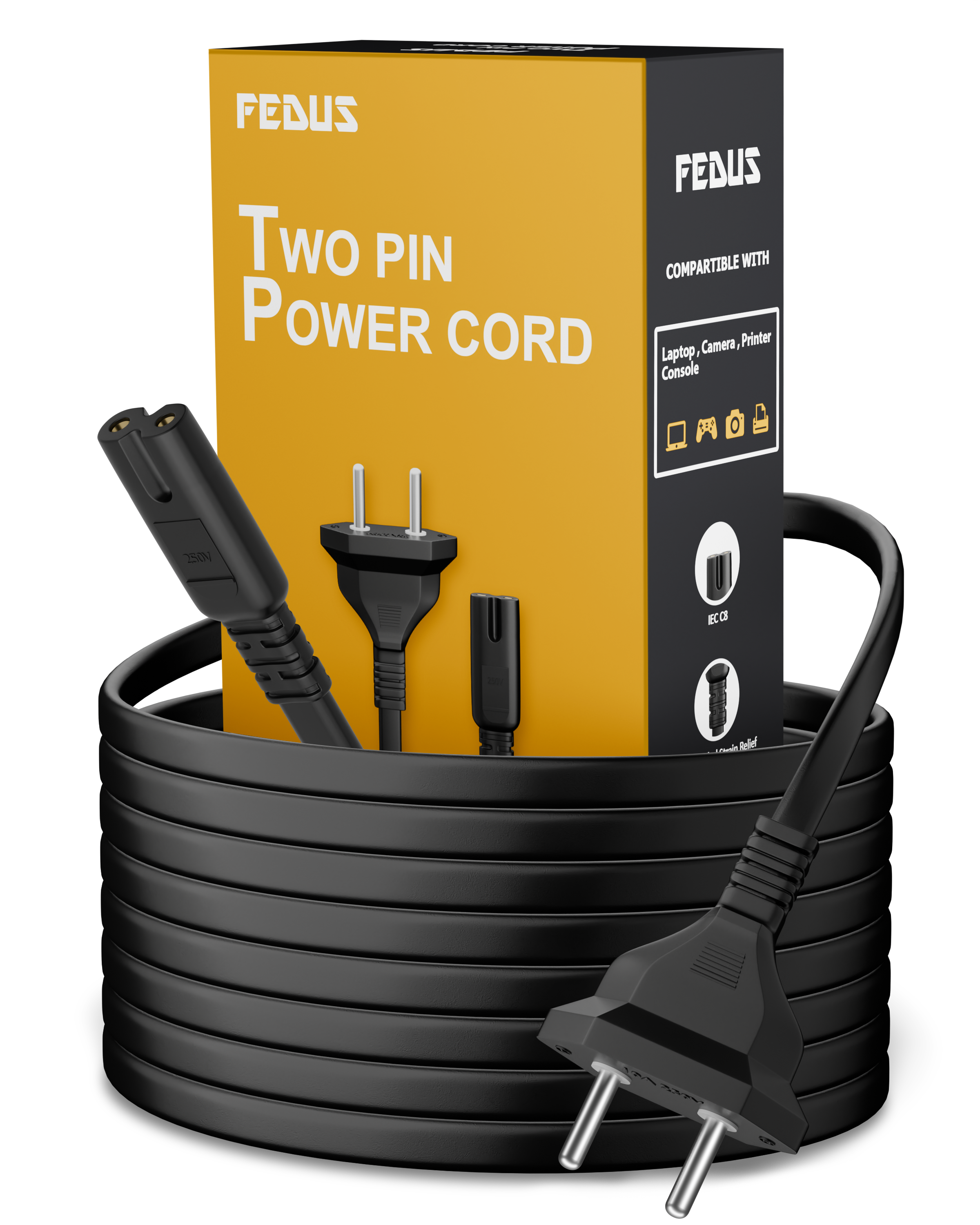 Fedus Black 10 Meter 2-pin Universal Replacement Ac Power Cord Cable Wire For Led Tv, Printer, Play Station, Laptop Pc Notebook Computer, Tape Recorder, Camera