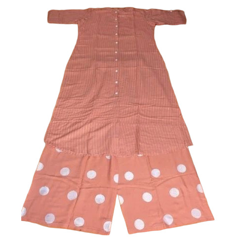 Ladies Peach Kurti Plazzo Set