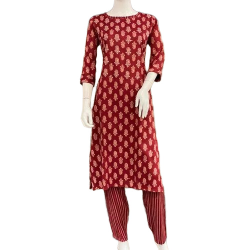 Red Rayon Printed Kurti Pant Set