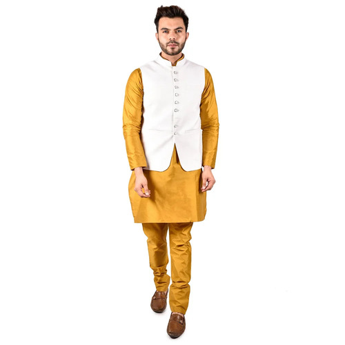 Silk Solid Kurta Pajama With Waistcoat For Men