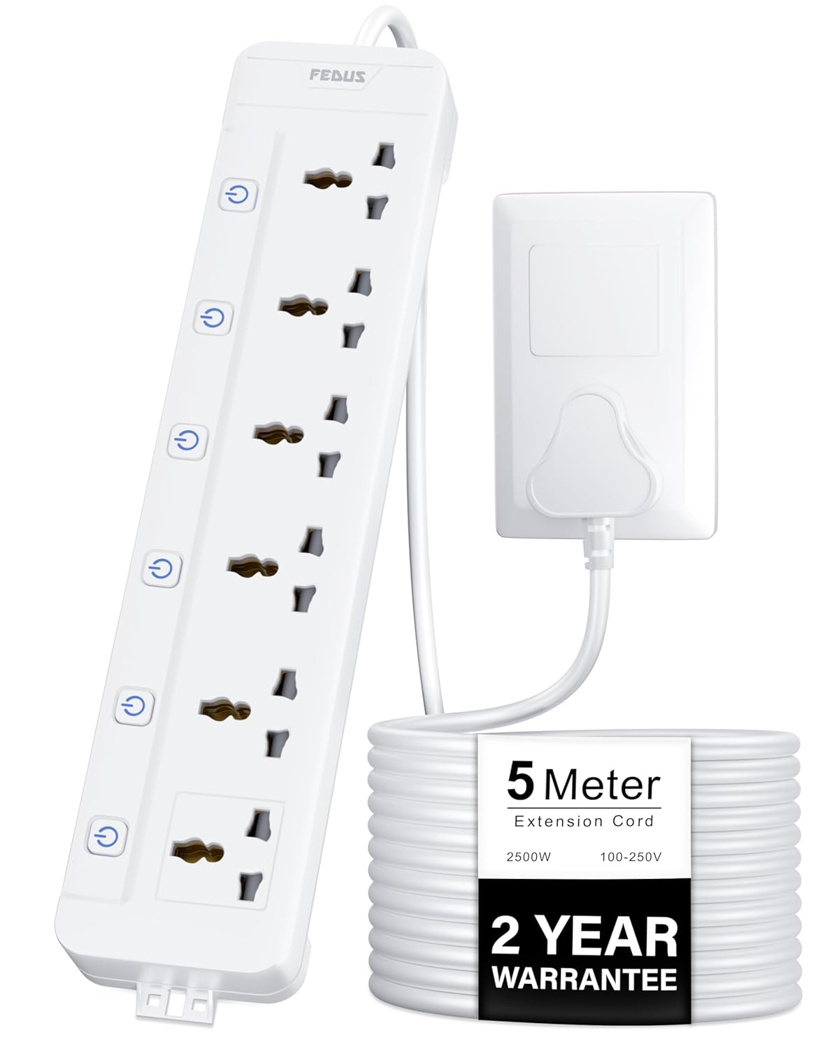 Fedus Surge Protector 6 Sockets With Switches 5m Cable Extension Board