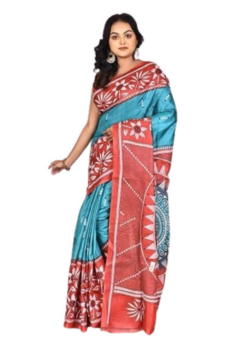 Pure Silk Kantha Stitch Saree With Blouse Piece