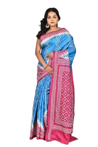 Women Pure Silk Kantha Stitch Saree With Blouse Piece