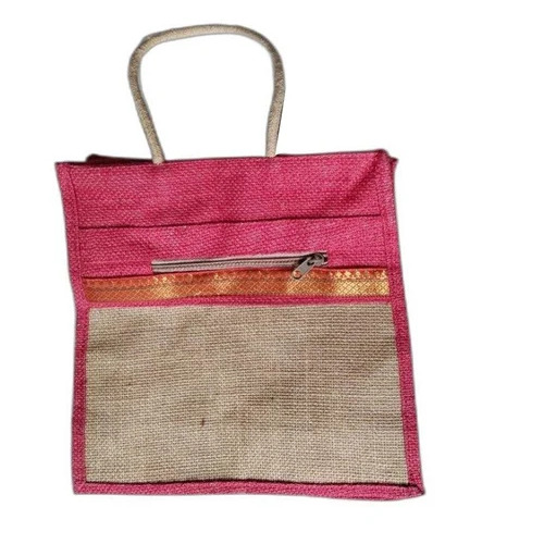 Pink And Brown Jute Lunch Bag