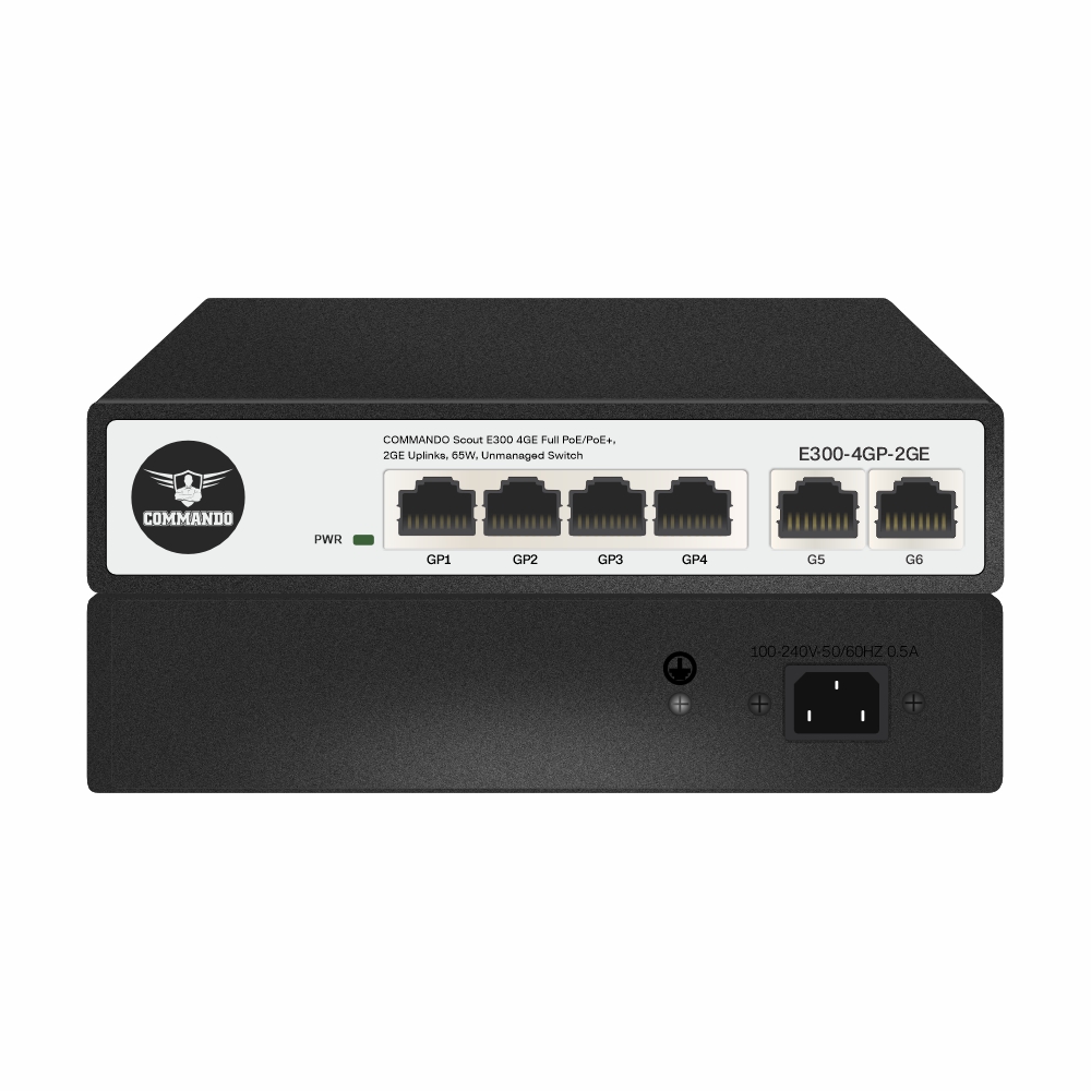 E300-4Gp-2Ge Commando Scout E300 4Ge Full Poe/Poe+ 2Ge Uplinks Unmanaged Switch - Color: Black