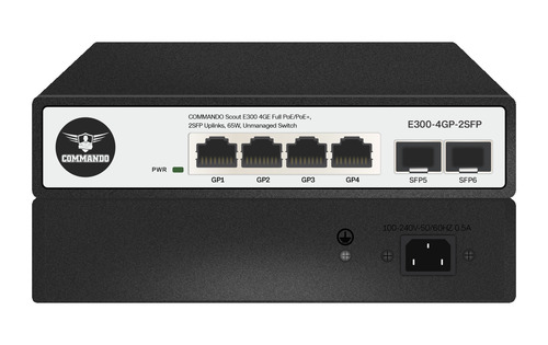E300-4Gp-2Sfp Commando Scout E300 4X1Gbe Full Poe/Poe+ 2X1G Sfp Uplinks 65W Unmanaged Switch - Color: Black