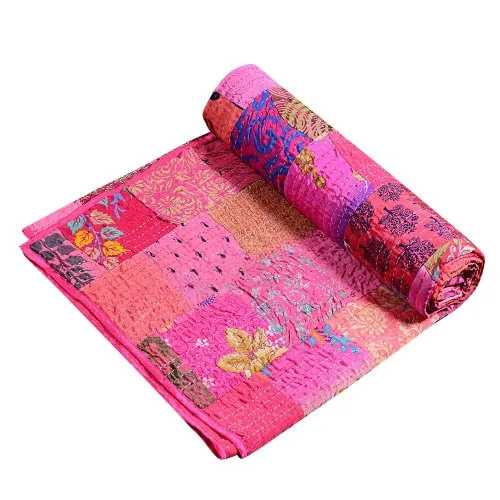 Indian Boho Silk Patola Patchwork Handmade Queen Kantha Quilt - Material: 100% Cotton