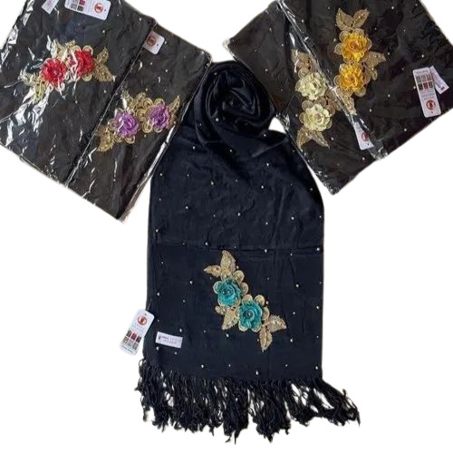 Ladies Black Embroidered Satin Stole
