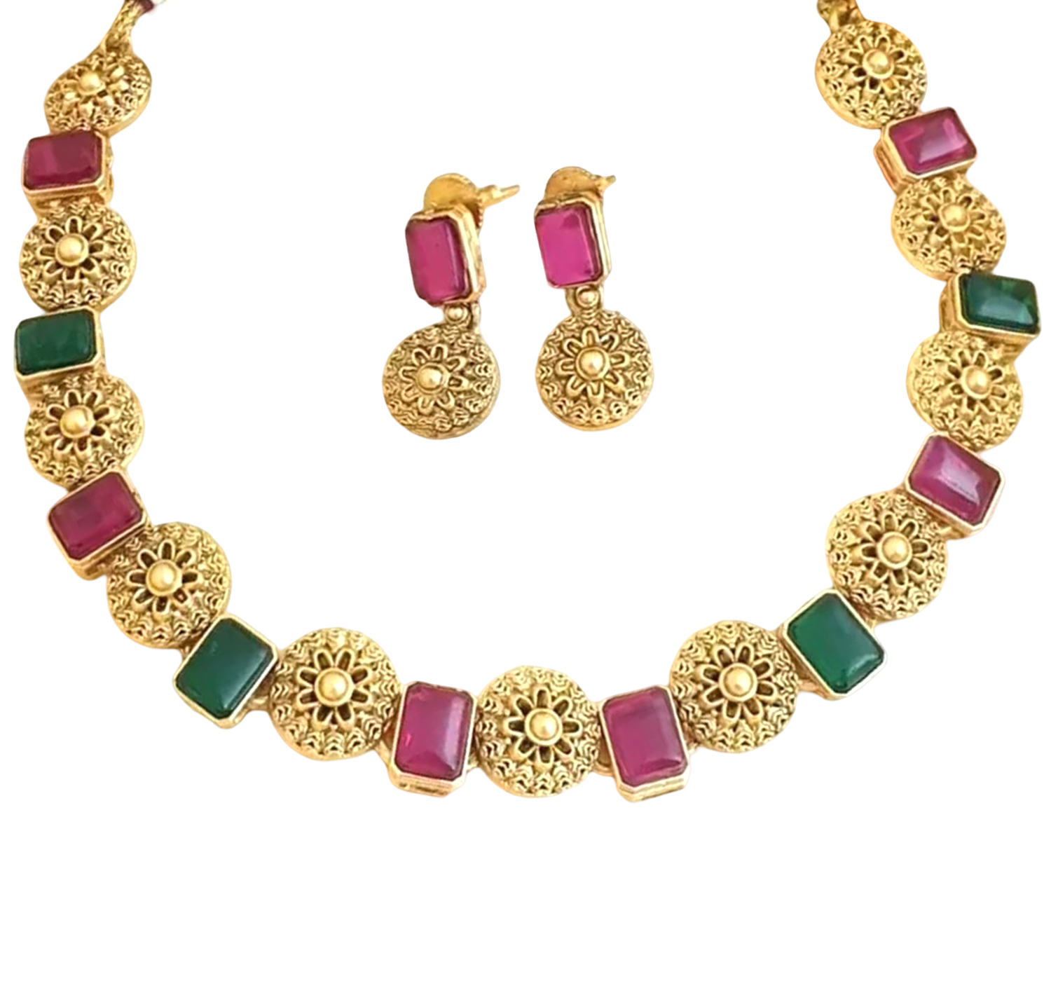 Meenakari Choker Necklace & Pearls Earring Set - Color: Multiple
