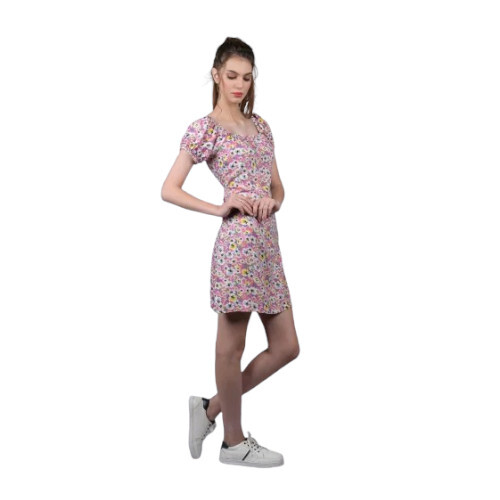 Women Pink Printed Cotton One Piece Dress