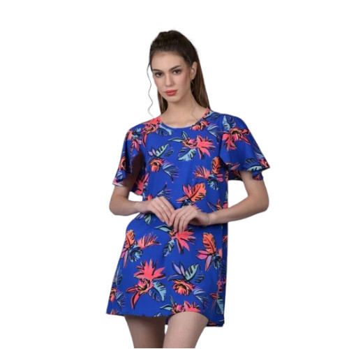 Party Wear Women Blue Printed Polyester Short Dress