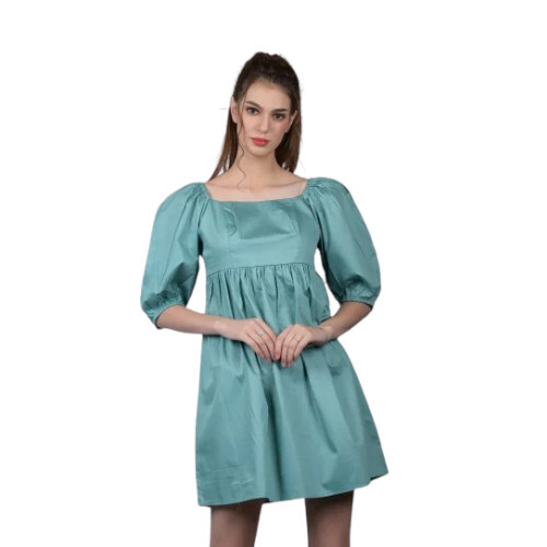 Party Wear Women Sky Blue Plain Satin Short Dress
