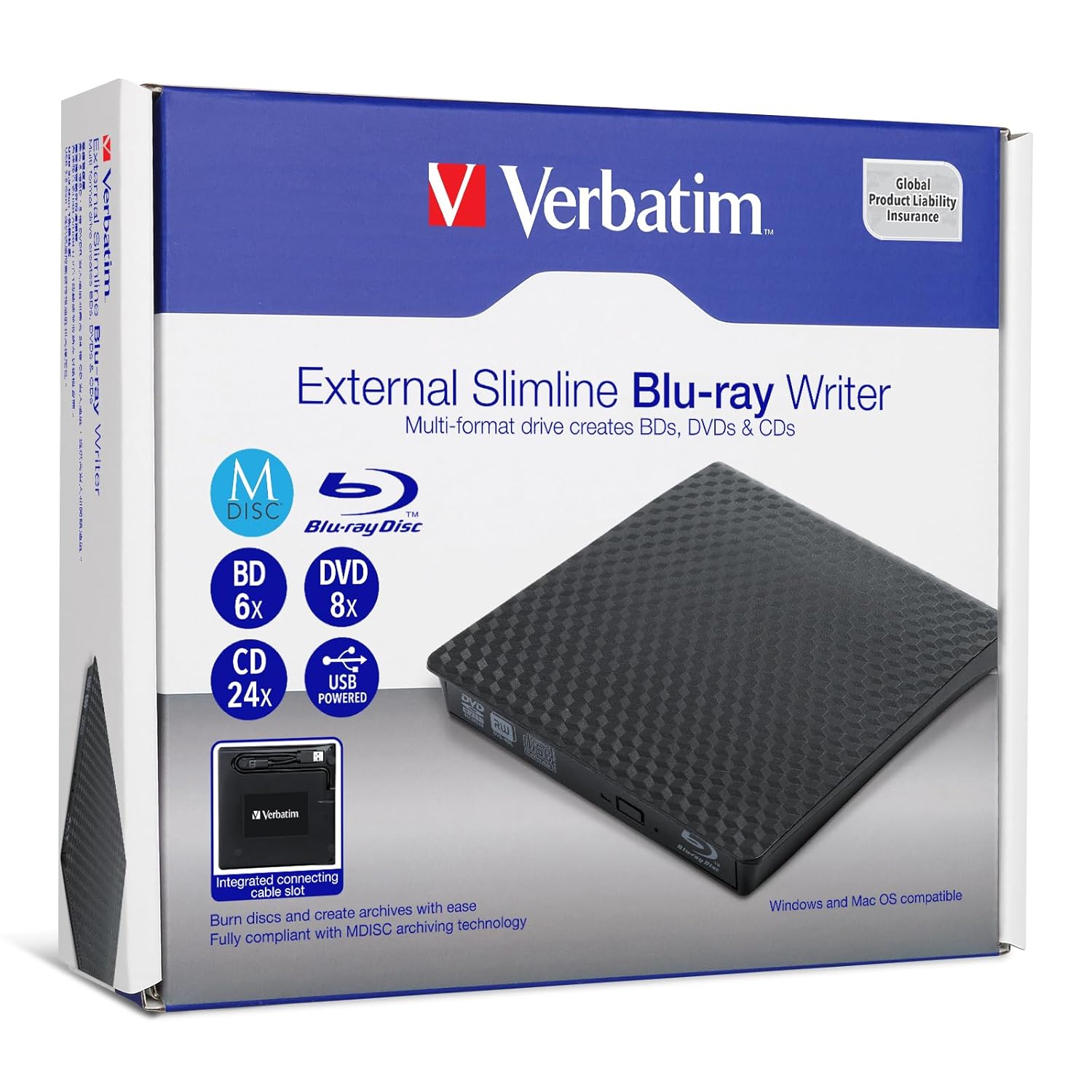 Verbatim 66718 External Slimline Blu-Ray Writer Usb 3.2 Gen 1 For M Disc Bluray Dvd Cd Writer