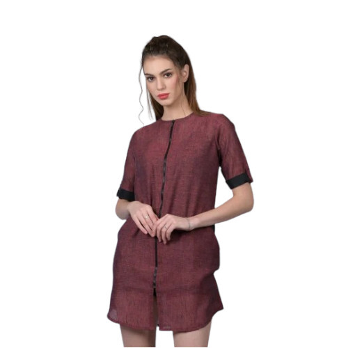 Women Maroon Plain Polyester Short Dress