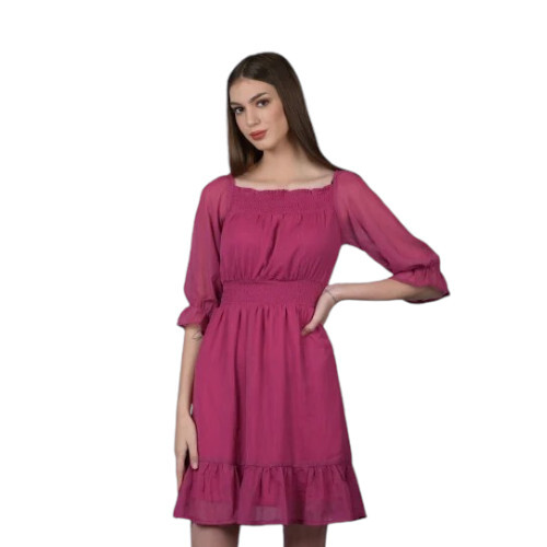 Women Pink Plain Polyester Short Dress - Feature: Washable