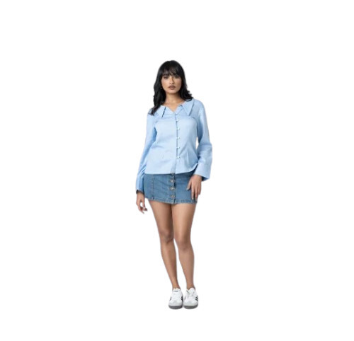 Blue Cotton Women Shirts Tops - Feature: No Fade Of Color