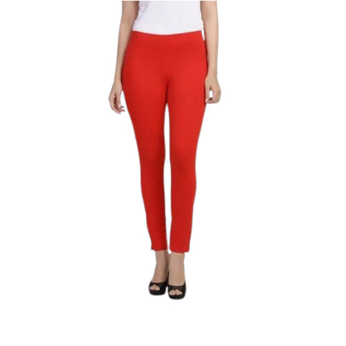 Ladies Red Cotton Spandex Straight Pant