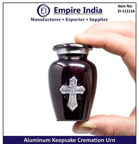 Dark Maroon Aluminum Keepsake Cremation Urn With Cross Design - Finishing: Enamel