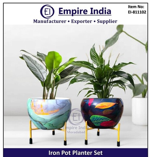 Colorful Designer Iron Pot Planter Set With Stand - Color: Multicolor