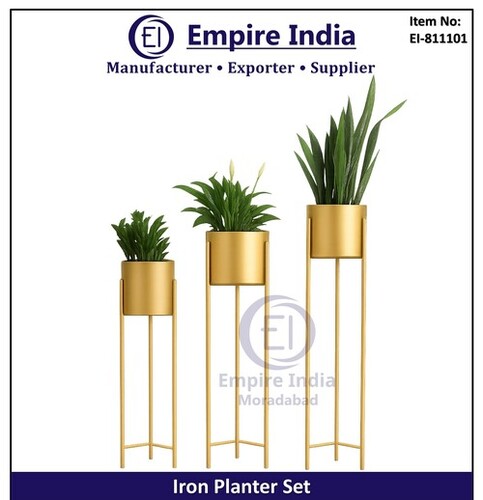 Modern Iron Planter Set With Stand - Finishing: Golden