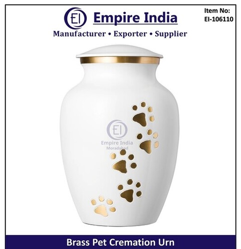 White & Gold Brass Pet Cremation Urn with Paw Print Design, Pet Ash Storage