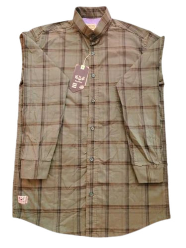 Men Light Brown Twill Cotton Check Shirt
