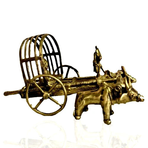 Vintage Dokra Bullock Cart with Double Bull Decorative Showpiece
