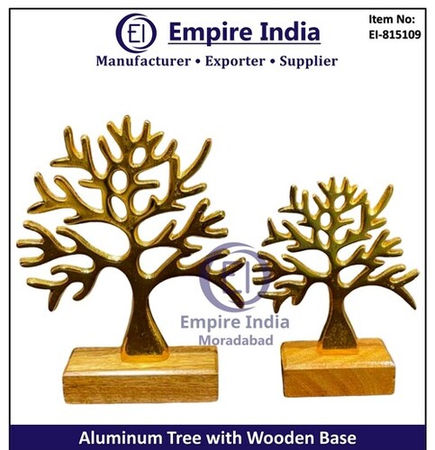 Aluminum Tree Table Decor with Wooden Base, Modern Metal Art Sculpture