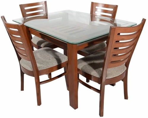 4 Chair Wooden Glass Dining Table Set