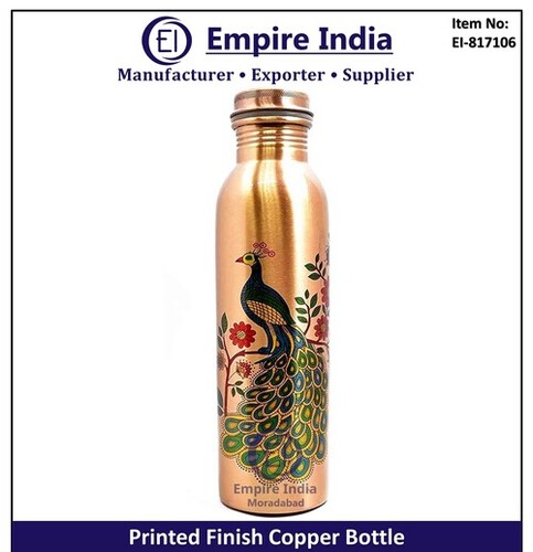 Peacock Printed Finish Copper Water Bottle - Capacity: 1 Ltr