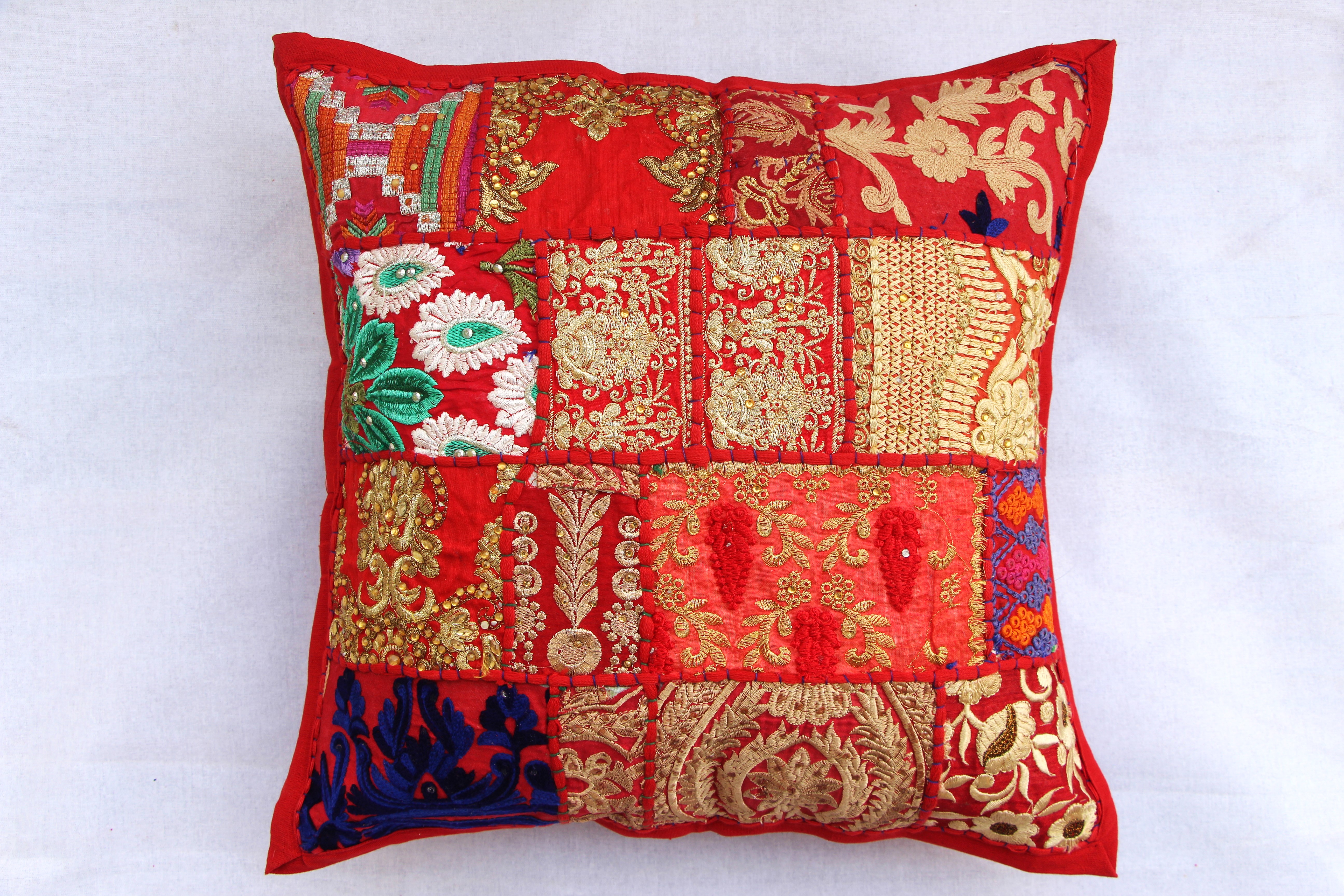 Red Khambadiya Patchwork Cushion Cover - Material: 100% Cotton
