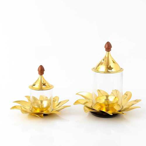 Lotus Design Pooja Oil Lamp - Color: Brass