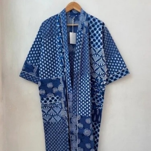 Women Indigo Print Cotton Kimono Bathrobe