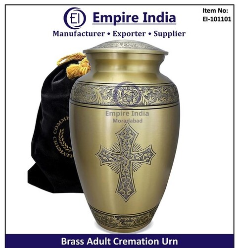 Engraved Brass Adult Cremation Urn With Cross Motif Urn Manufacturer - Capacity: 200 Cubic Inches