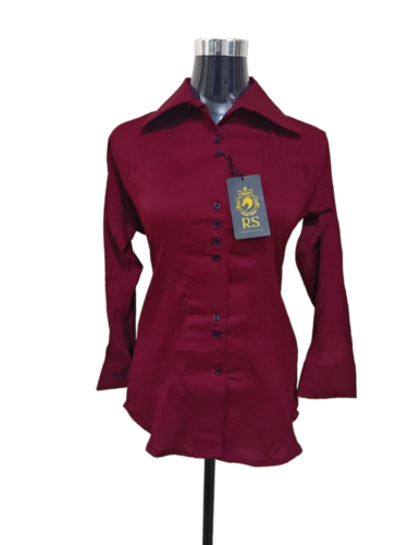 Ladies Shirt - Satin Fabric, Full Sleeves, Sizes S to XXL, Maroon | Anti UV, Breathable, Cool Pass, No Fade, Plain Pattern