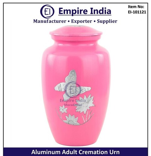 Pink Butterfly And Lotus Engraved Aluminum Adult Cremation Urn - Capacity: 200 Cubic Inches