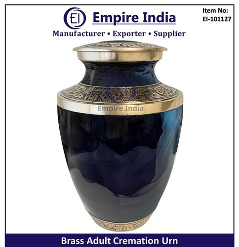 Blue And Brass Engraved Adult Cremation Urn - Capacity: 200 Cubic Inches