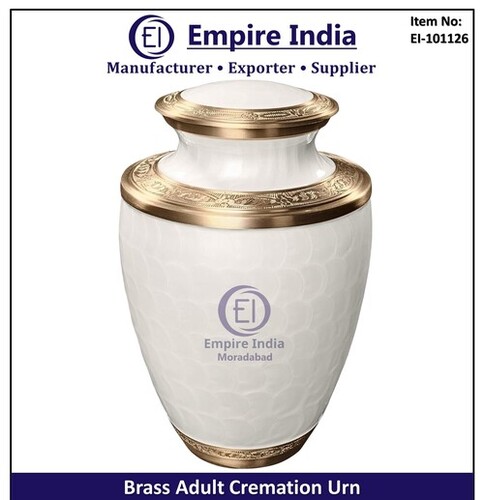 White And Brass Engraved Adult Cremation Urn - Capacity: 200 Cubic Inches