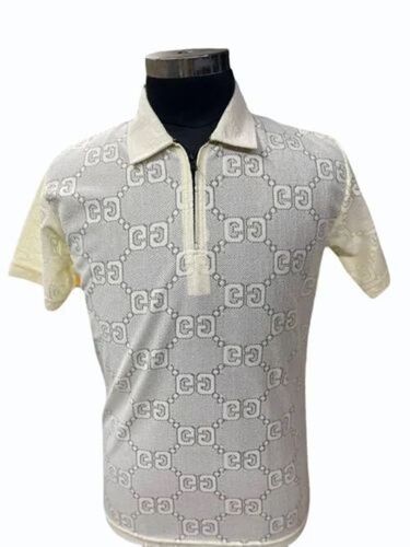 Mens White Printed Polo Neck Poly Cotton T Shirt
